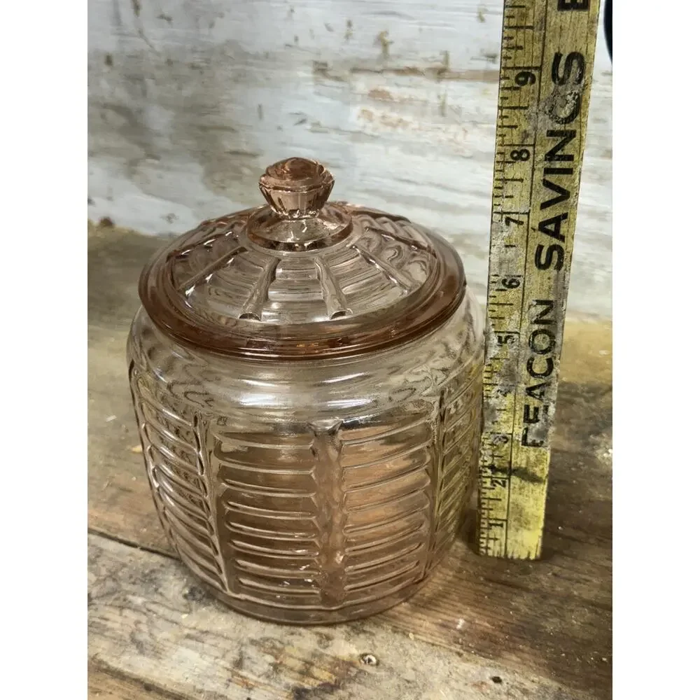 Vintage Anchor Hocking Pink Depression Glass MANHATTAN Pattern Cookie Candy Jar